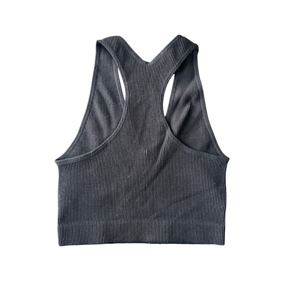 Zenana Ribbed Seamless Crop Top Black V Neck Racerback Tank S/M - Picture 2 of 2